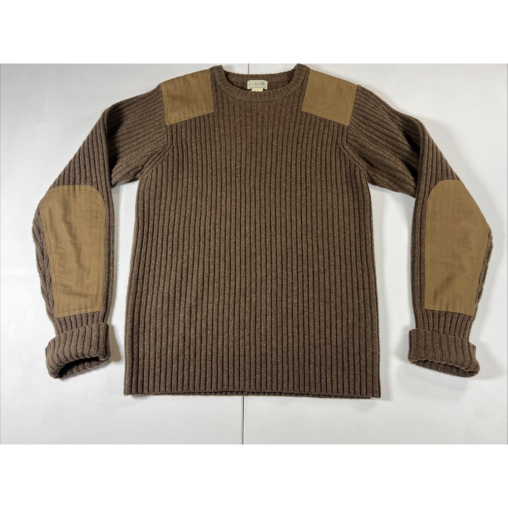 LL Bean Commando Mens Sweater L Merino Wool Shoulder Elbow Patch 228194